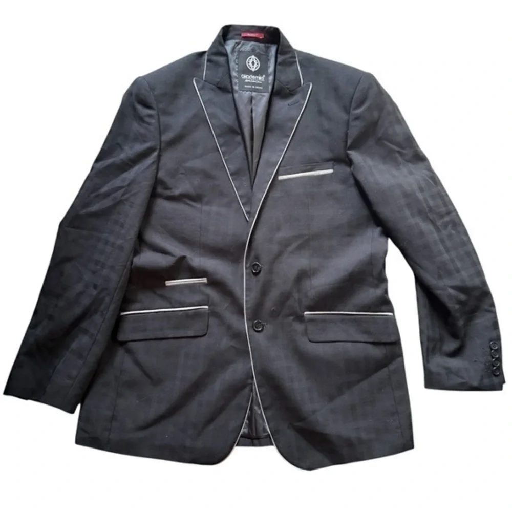 Akademiks Black Plaid Blazer Jacket 42R Contrast Piping
